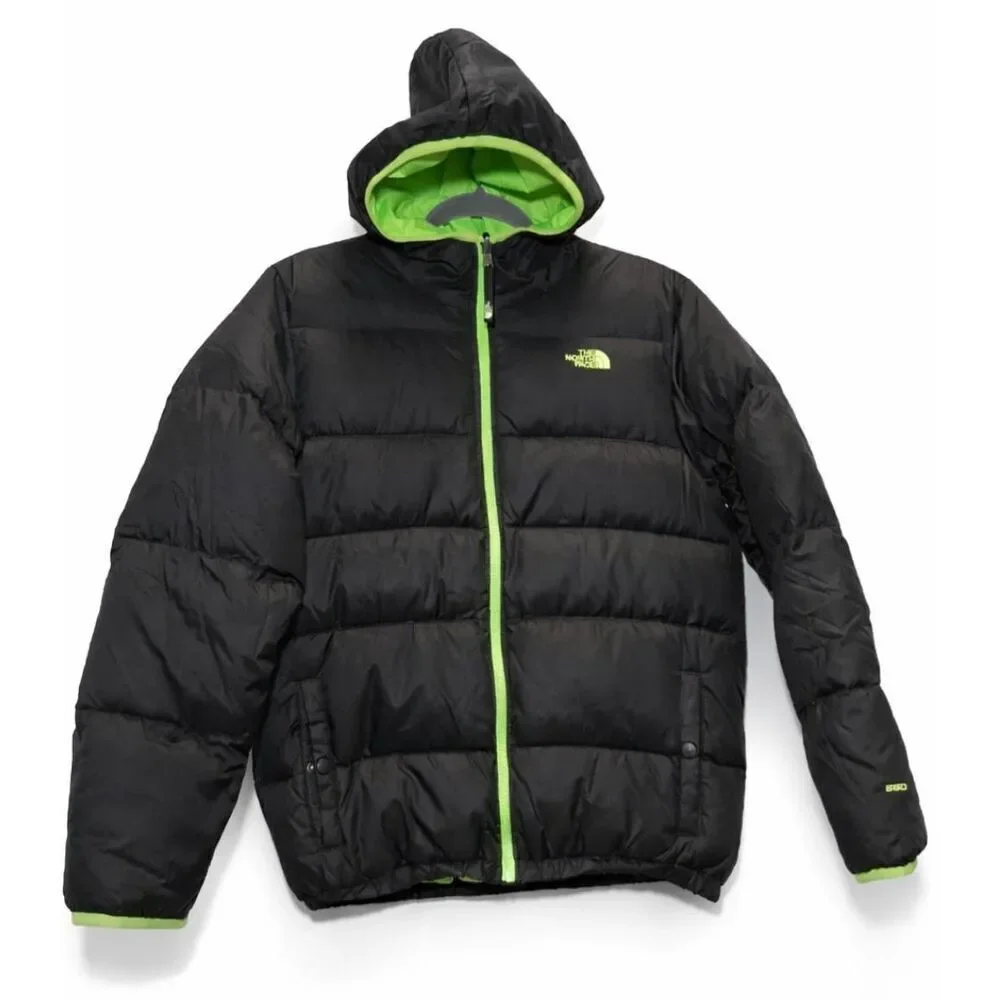North face boys 18/20 down puffer jacket black green winter coat hoodie